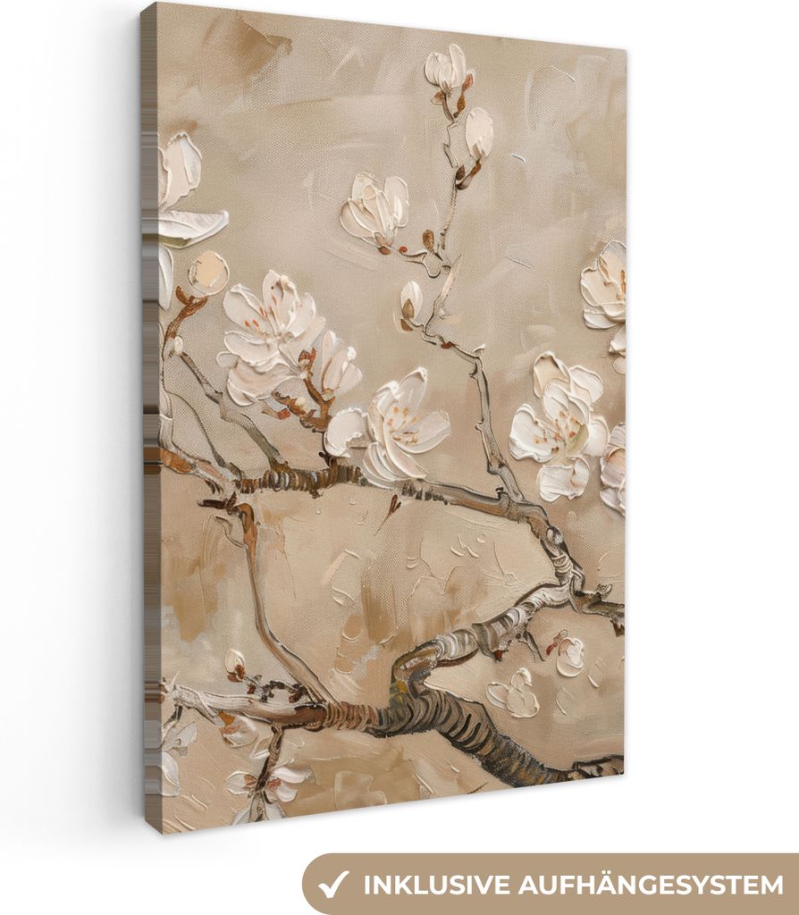 Wandbilder wohnzimmer 60x90 cm - Abstrakt und Modern - Beige - Blumen, Leinwand Bilder, Wanddeko, Gemälde