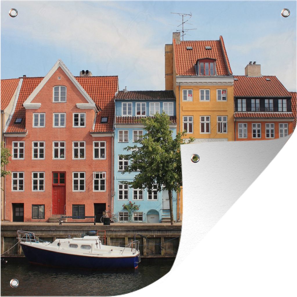 MuchoWow 100x100 cm Outdoor-Poster Gartendeko Sichtschutz Garten Poster für den Garten Bunte Häuser am Wasser in Kopenhagen - Dänemark