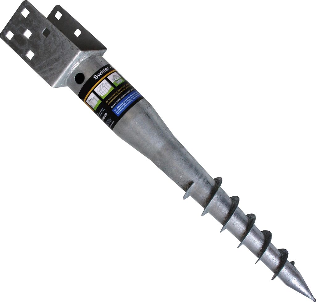 A galvanized steel screw pile foundation anchor with a U-shaped bracket at the top.