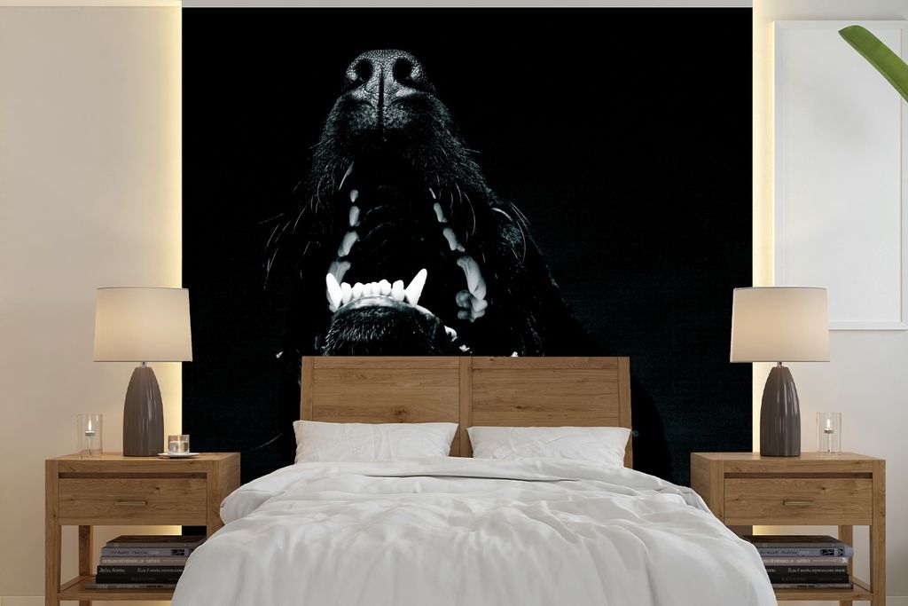 MuchoWow Fototapete für Wohnzimmer oder Schlafzimmer Wandtapete Vinyl Motivtapete Tierprofil Hund mit offenem Maul in schwarz und weiß - 240x24...