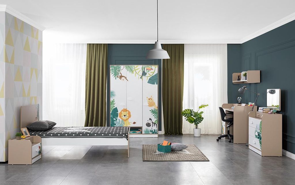 Komplett Kinderzimmer Mädchen Set Bett Nachttisch Wandregal Kleiderschrank 7tlg