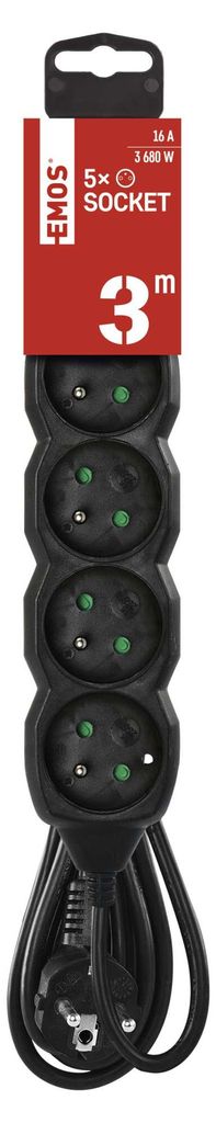 Prodlužovací kabel 3 m / 5 zásuvek / černý / PVC / 1,5 mm2