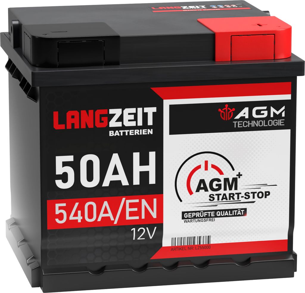 Langzeit AGM+ Batterie 50Ah 12V Start-Stop Autobatterie