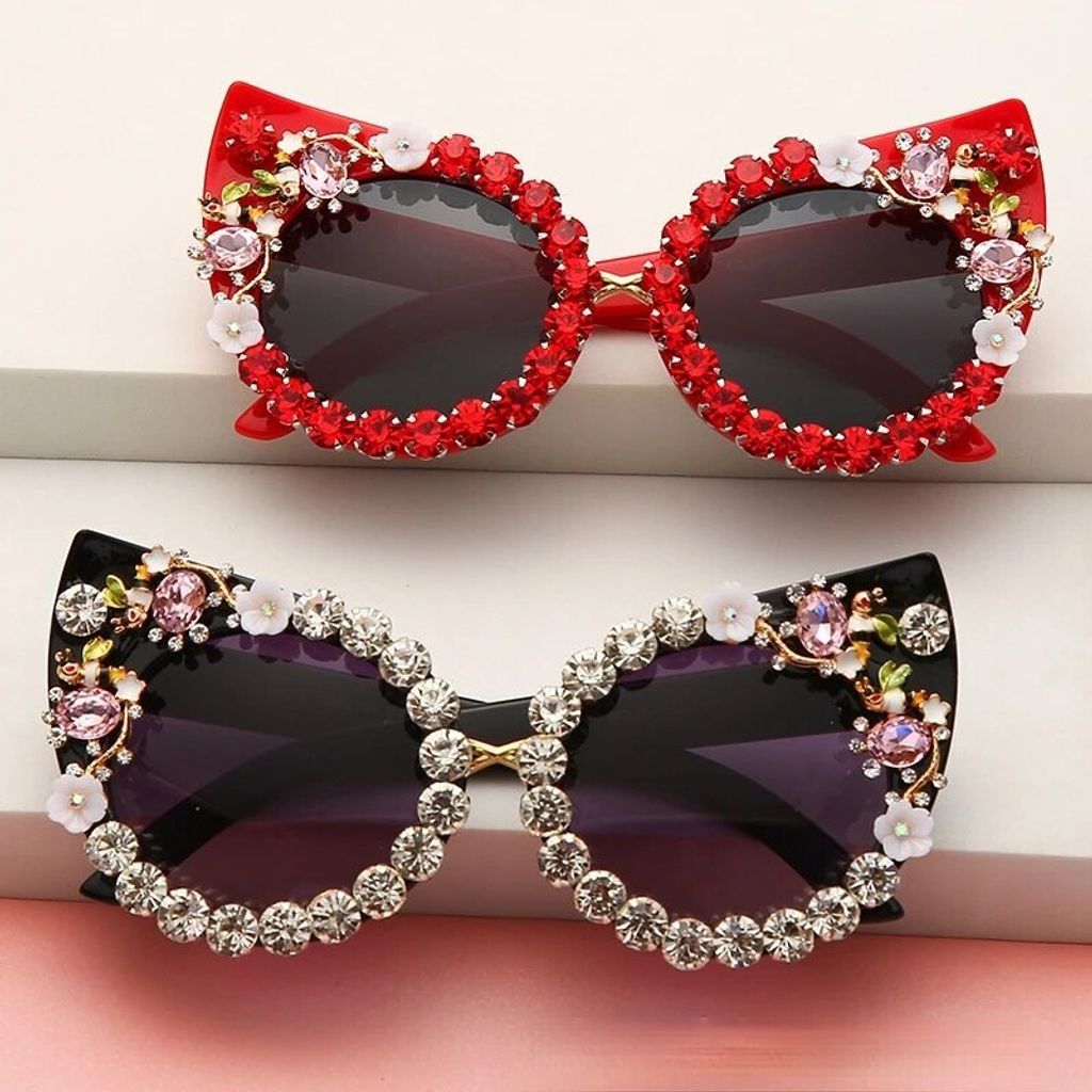 s Design modische Katze Auge Sonnenbrille, Blume funkelnden Strass Sonnenbrille, rosa Ton geeignet für Damen Party Urlaub Brille A