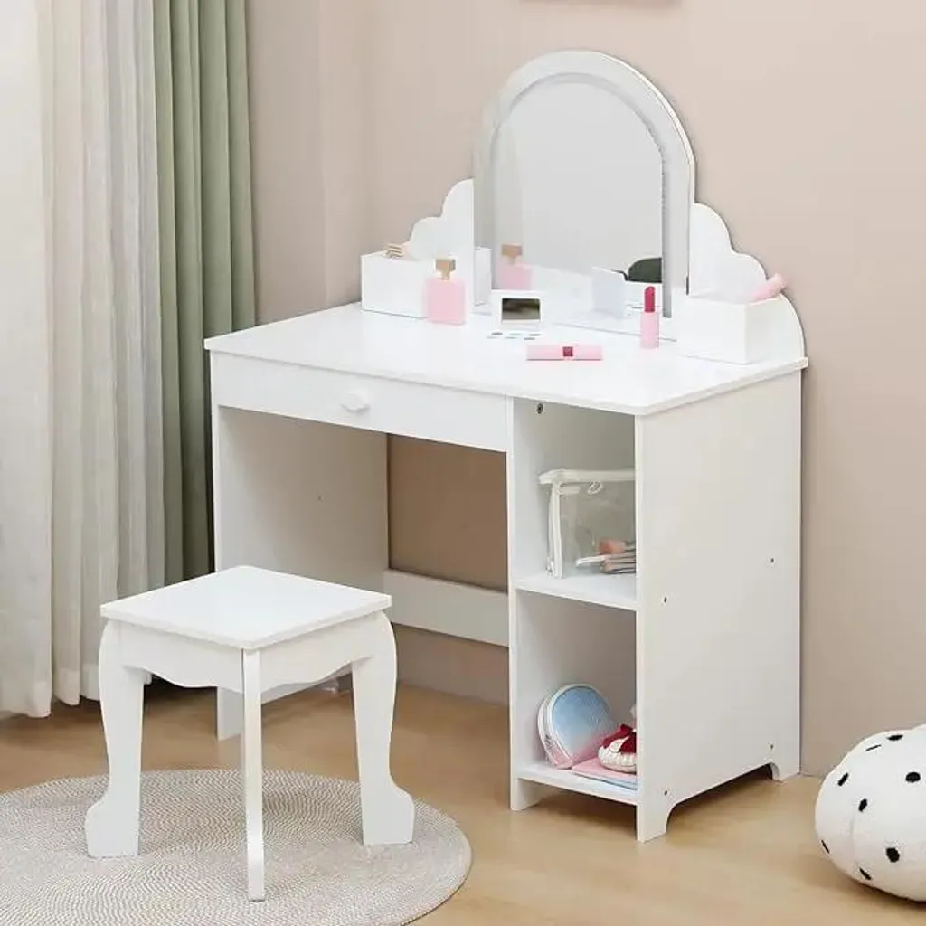 Petite coiffeuse avec tabouret et étagères - Meuble de chambre d'enfant