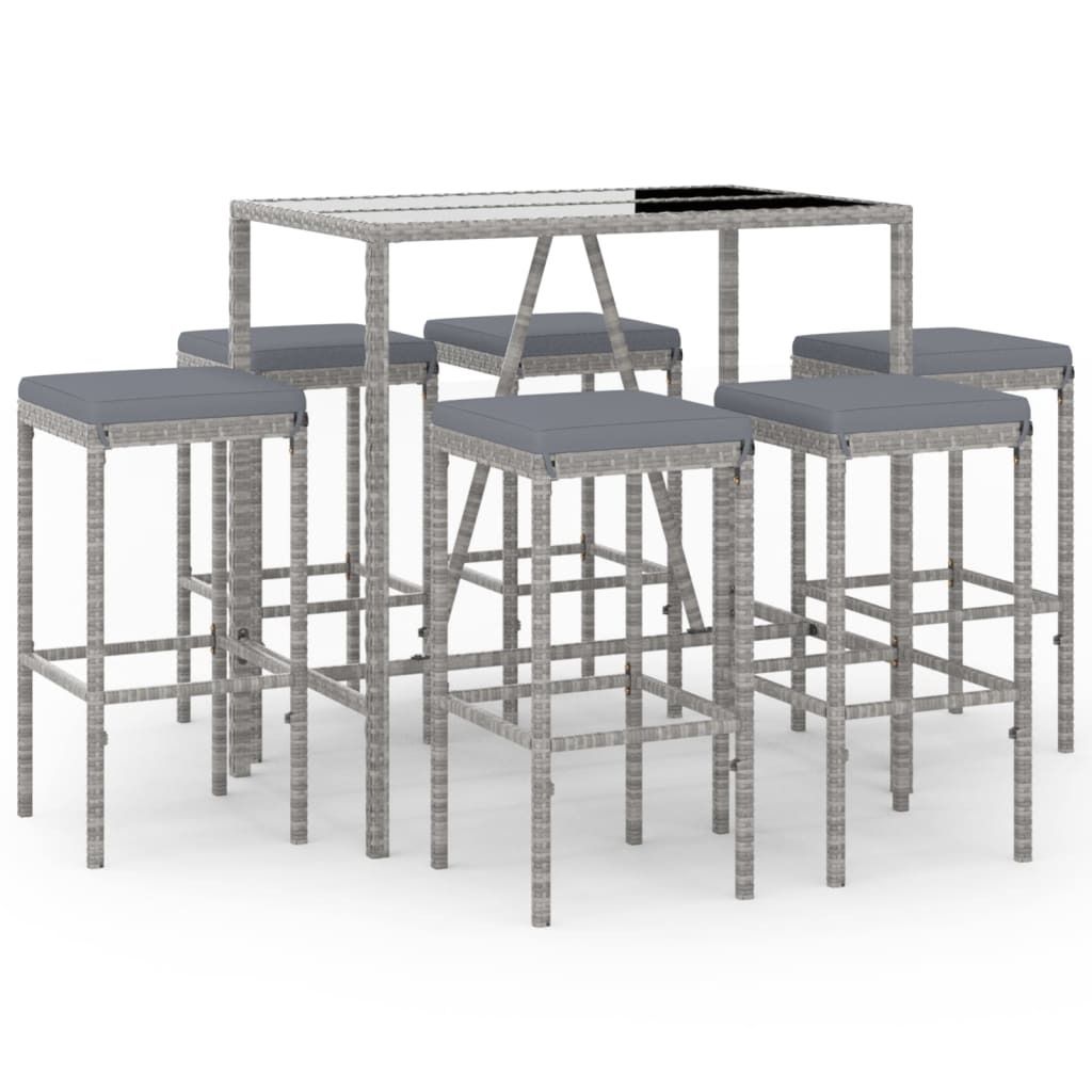 vidaXL 7-tlg. Gartenbar-Set mit Kissen Grau Poly Rattan