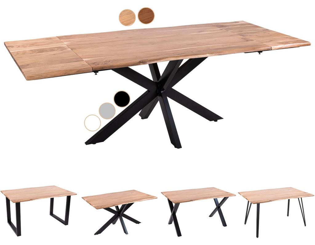 Baumkantentisch 220 (320) x 100 cm Avino, Akazienholz naturfarben & massiv, Esszimmertisch mit 2 Ansteckplatten, Schwarzes Spider-Metallgestell, Es...
