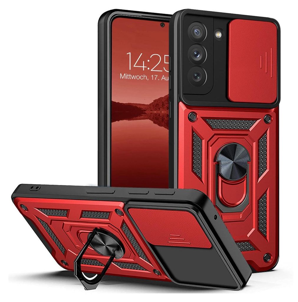 A red and black phone case with a camera cover and a ring stand, displayed from multiple angles.