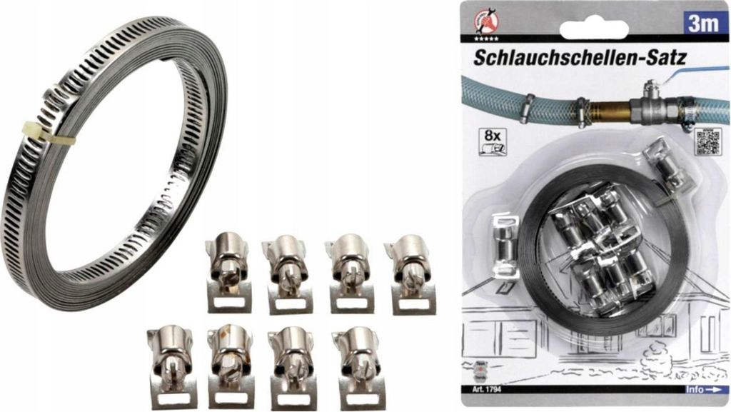 A product shot of hose clamps and a set of hose clamps in packaging.