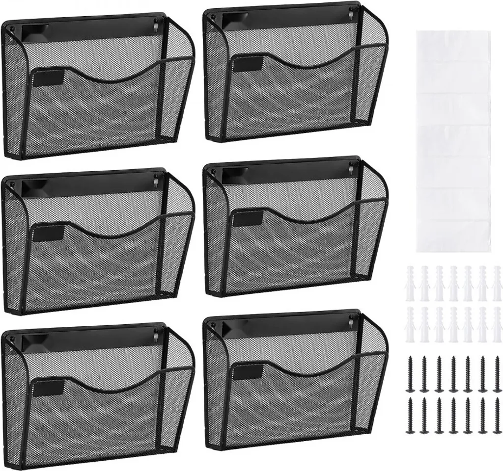 Set de 6 étagères murales bureau en métal noir pour dossiers A4 et revues