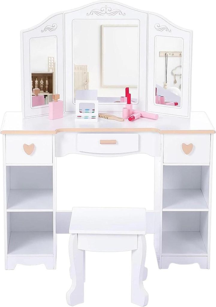 Kinderschminktisch - Tisch- und Stuhl-Set - Holz - Dreiteiliger Klappspiegel - Auch als Schreibtisch - Montage erforderlich - Hellgrau