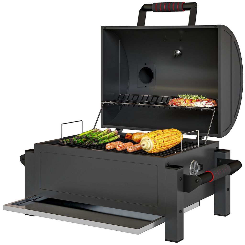 Kohlegrill mit Deckel, Warmhalterost, Aschefach, Thermometer, rostfrei, 67 x 53 x 55cm, Schwarz/Rot