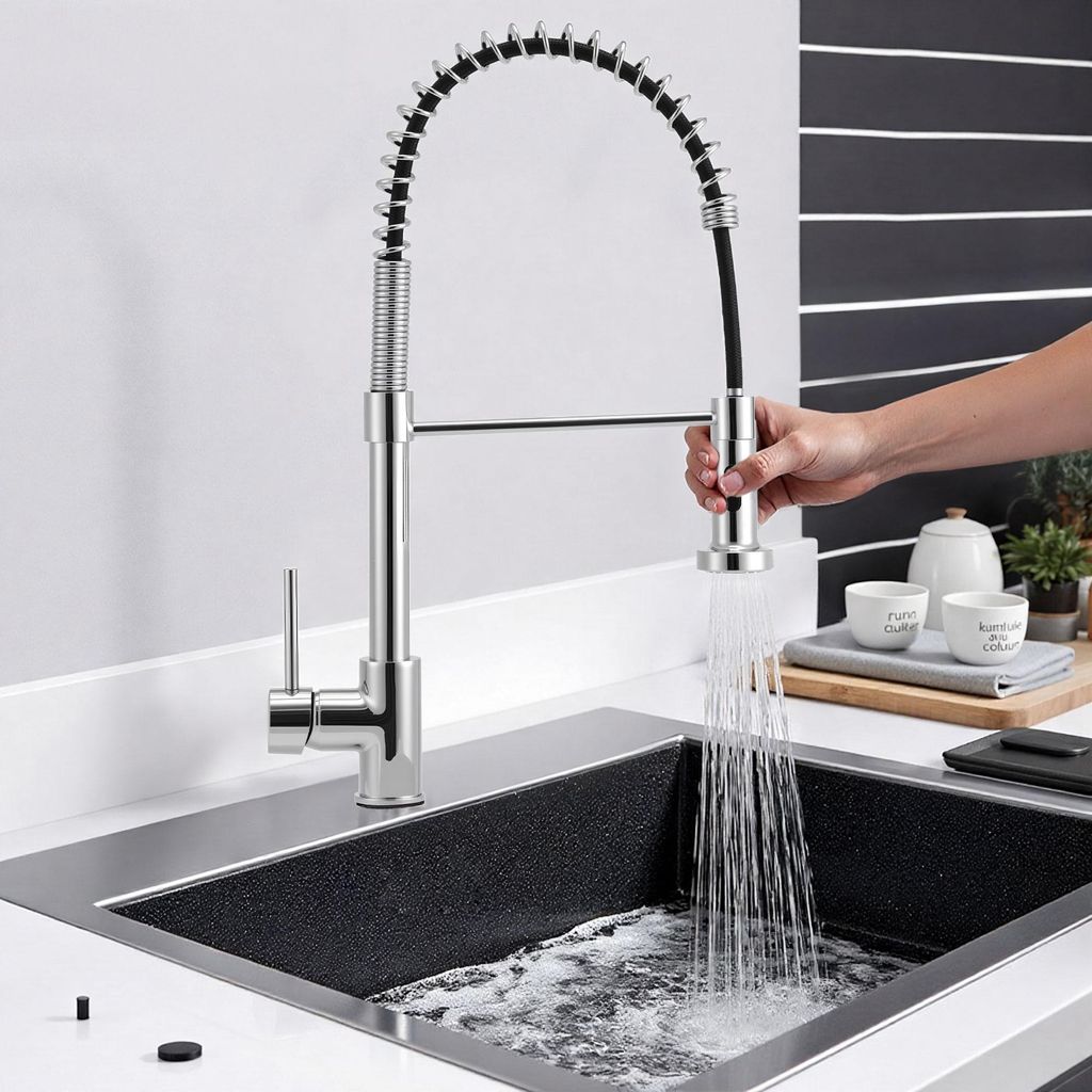Wasserhahn Küche Chrom 360° Schwenkbar Hochdruck Küchenarmatur mit Herunterziehen Brause Armatur Mischbatterie Küche Armatur Spiralfederarmatur