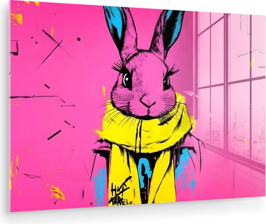 MuchoWow Glasbilder - Bilder auf Wandbild - Foto auf Glas Kaninchen - Hellrosa - Schal - Abstrakt 120x80 cm Wanddekoration aus Glas - Acrylglasbild...