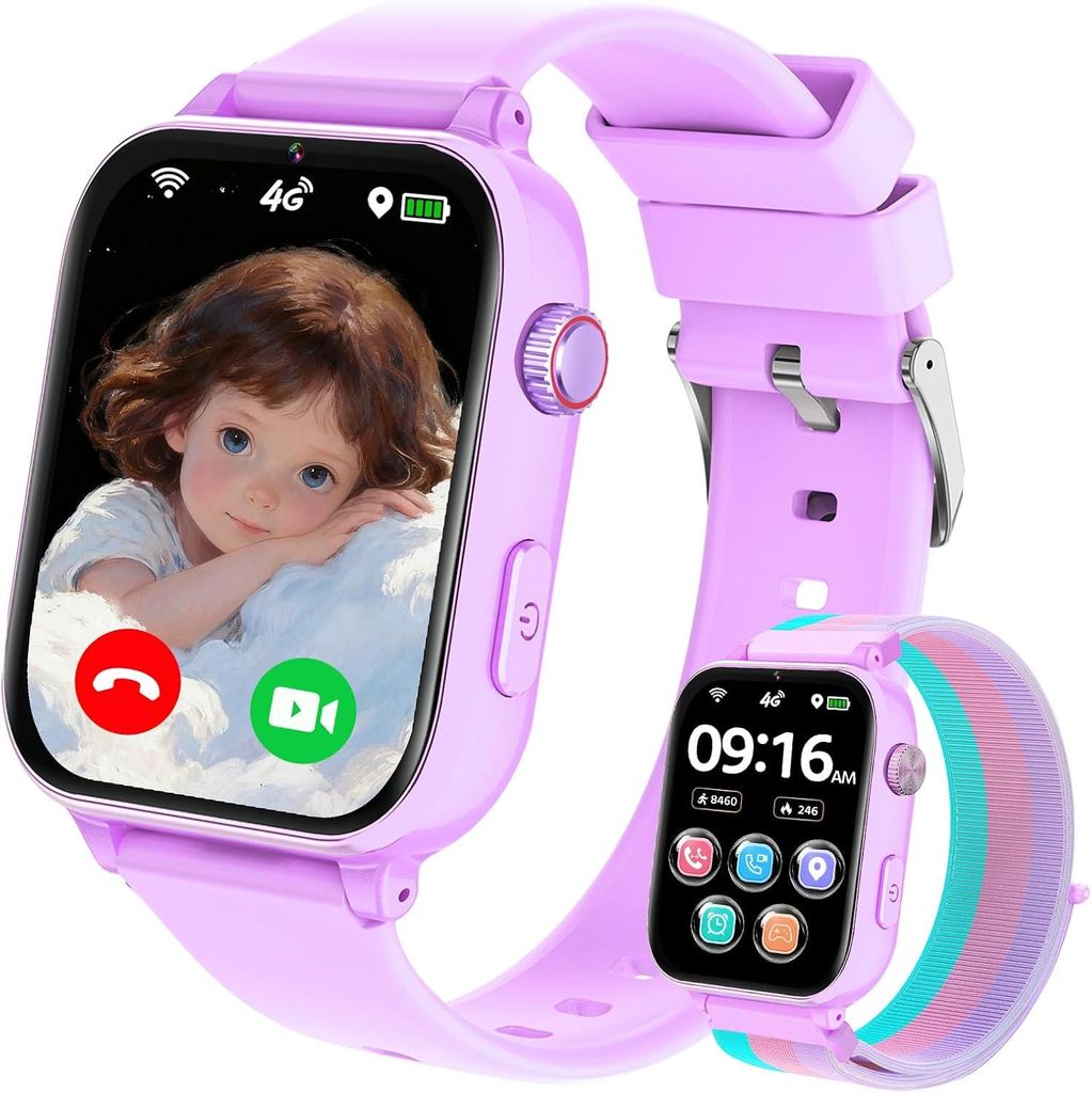 Smartwatch Kinder GPS und Telefon, 4G mit Videoanruf Anruffunktion Voice Chat WiFi SOS Spiel Wecker Schulmodus