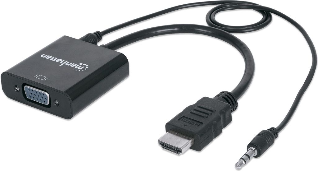 Manhattan HDMI auf VGA-Konverter, HDMI-Stecker auf VGA-Buchse, mit Audio, optionaler USB Micro-B-Stromport, schwarz - Video- / Audio-Adapter - HDMI...