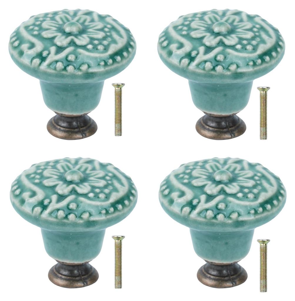 Set aus 4 Vintage-Möbelknöpfen mit Schrauben, runde Türgriffe, grüne Keramik-Schrankknöpfe mit Blumenmuster für Schubladen, Sideboards, Küch...
