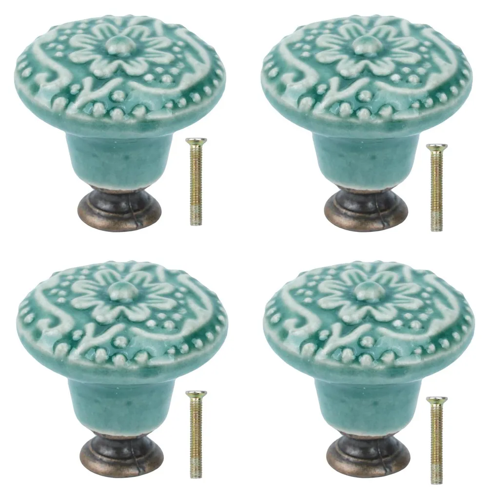 Lot de 4 boutons de meubles vintage en céramique verte à motif floral