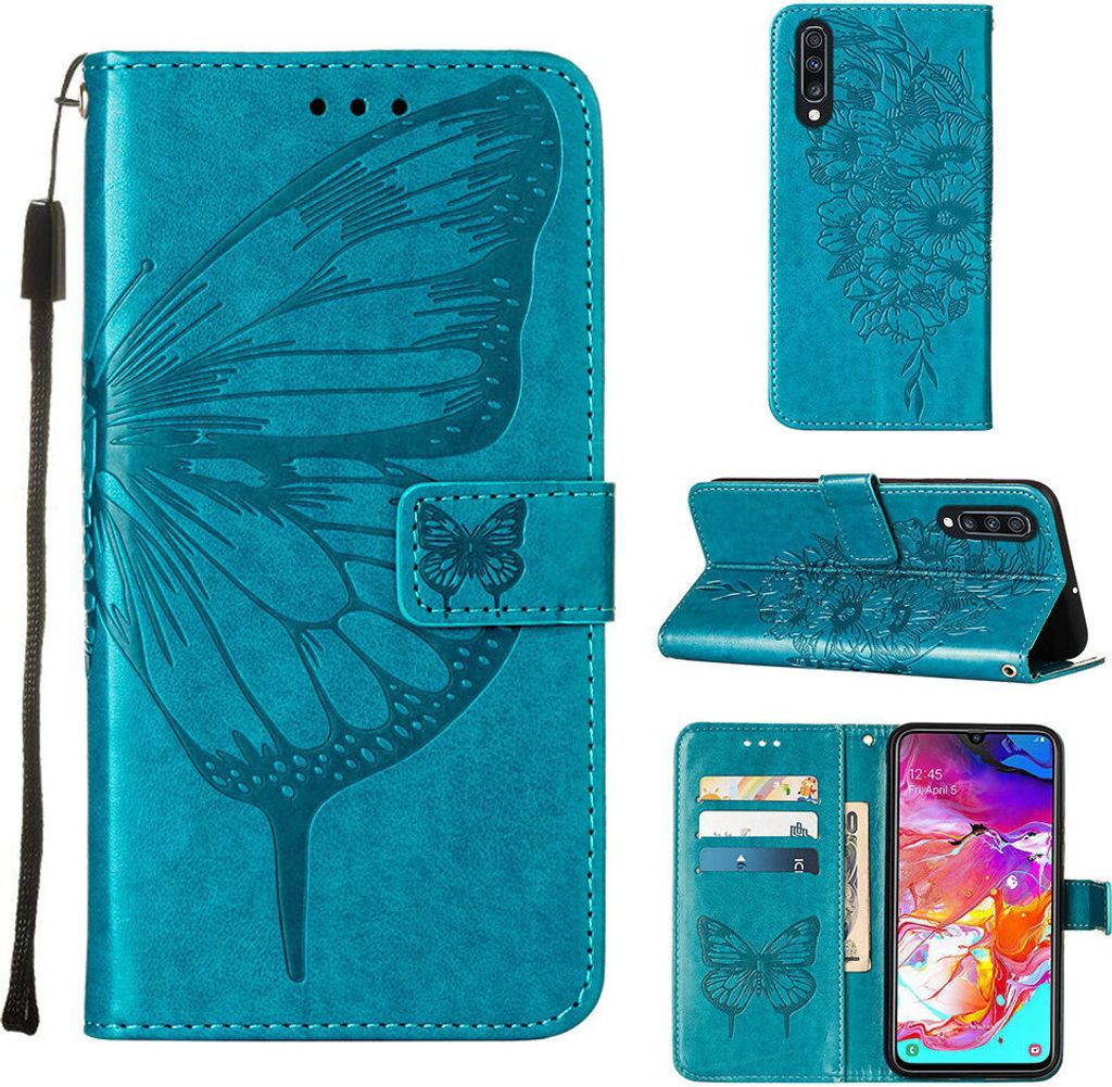 Galaxy A70 Hülle, Schmetterling Prägung Flip Leder Kartenfächer Schutzhülle Ledertasche mit Ständer für Samsung Galaxy A70 / A70S Blau