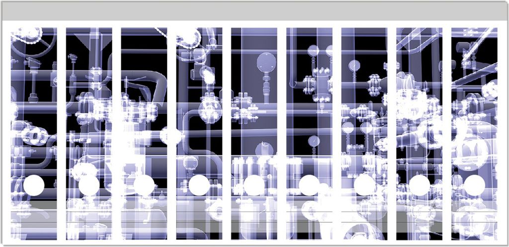 Wallario Ordnerrücken Sticker, selbstklebend für breite Ordner, 9 Stück, Motiv Transparente Maschine unter Röntgen mit Zahnrädern und Rohren