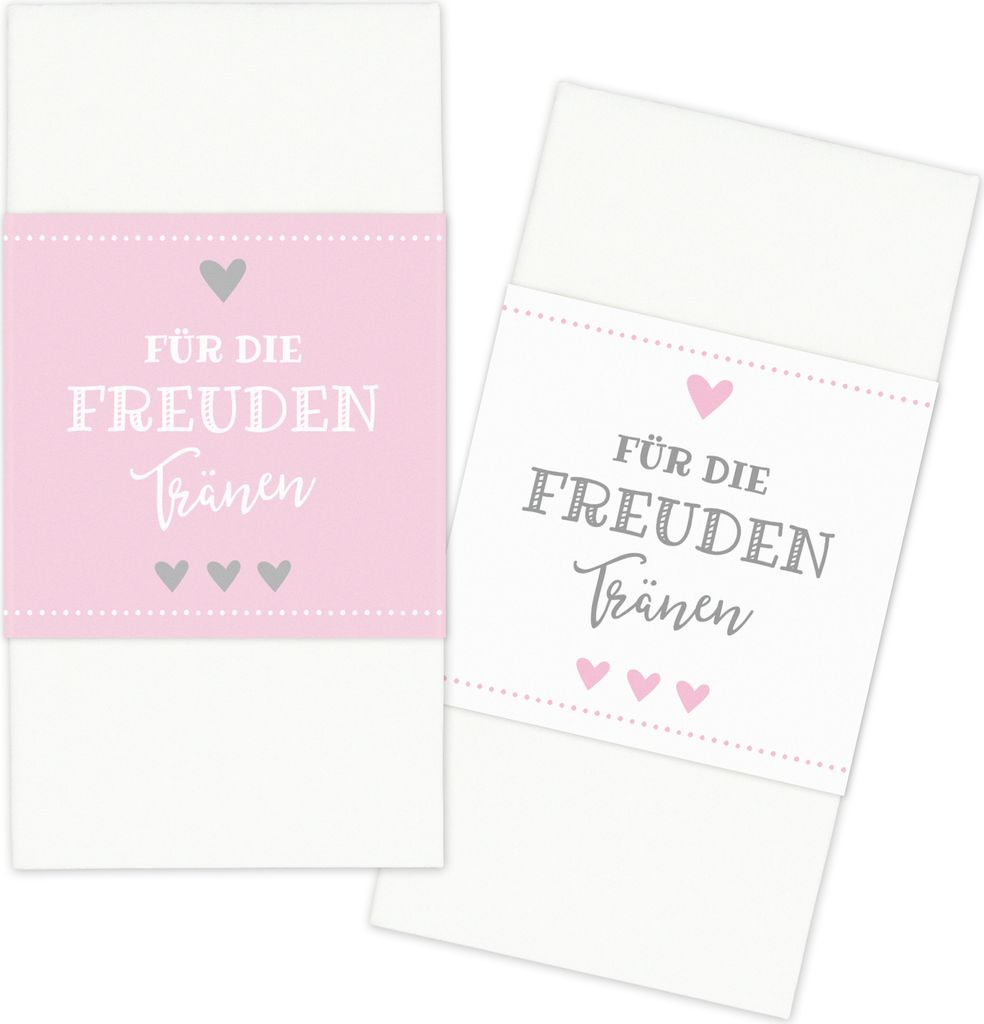 KuschelICH 25 Banderolen Für die Freudentränen zweiseitig mit Klebepunkt zum Verschließen - Taschentuch Banderole Hochzeit rosa/weiss