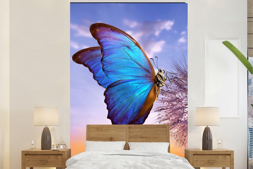 MuchoWow Fototapete für Wohnzimmer oder Schlafzimmer Wandtapete Vinyl Motivtapete Schmetterling - Sonnenuntergang - Löwenzahn - Blau - 145x220 ...