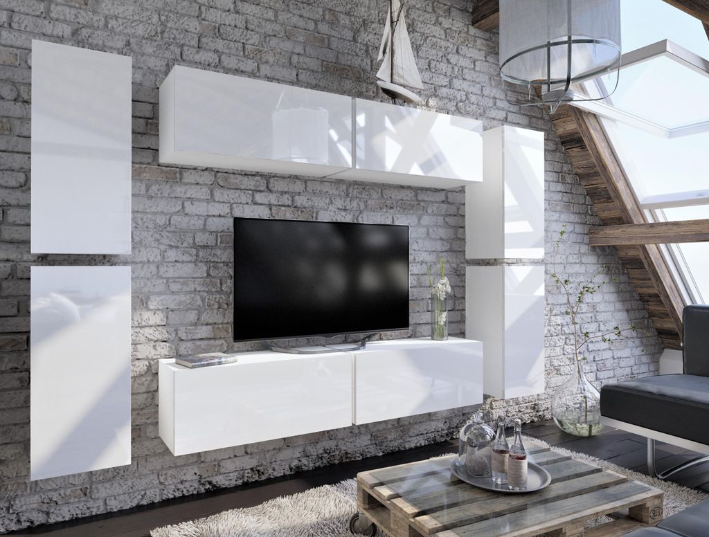 Wohnwand Borneo FMB2 – Weiß – ohne LED-Beleuchtung, modern, hochglänzend.