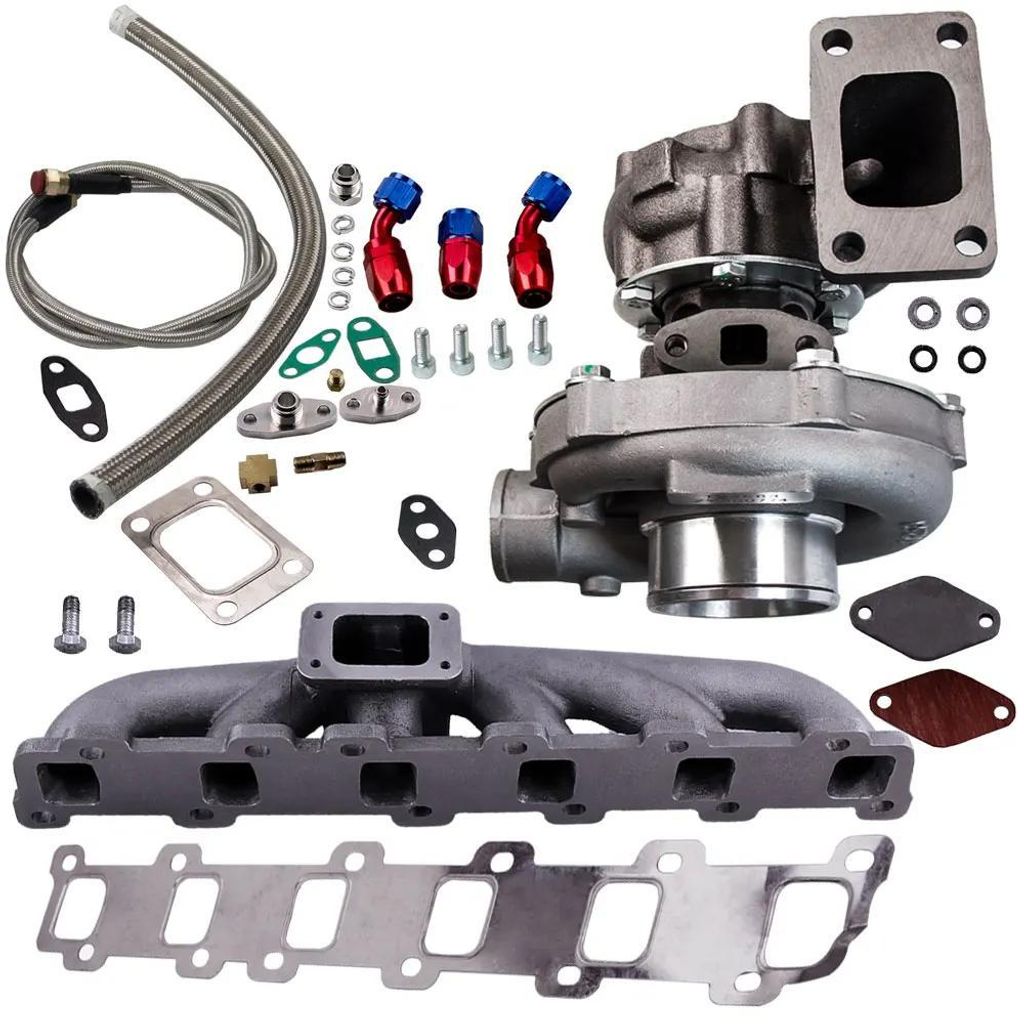 Universeller Turbo T3/T4 T04E - Turbolader Kit - TD42 Krümmer - Ölzu- & Rücklaufleitung - Für 1,5–2,5L 4/6 Zylinder Motor - Bis 300+ PS