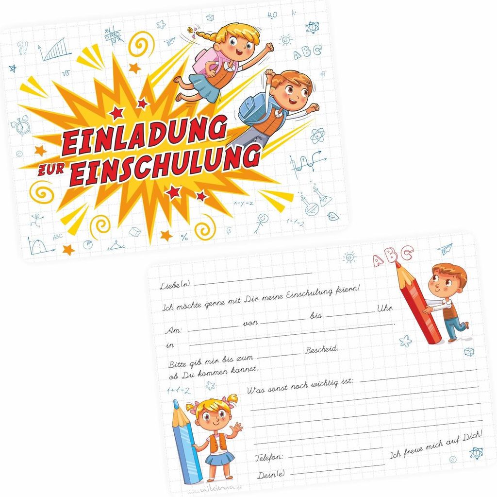 10 coole Einladungskarten Einschulung Kinder inkl. 10 transparenten Briefumschlägen Mädchen Junge