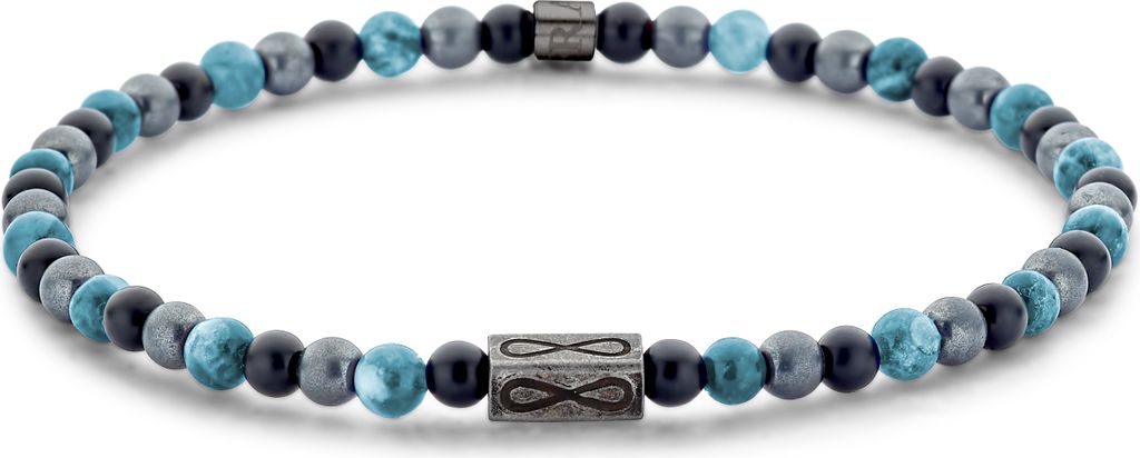 Frank 1967 7FB-0717 Herrenarmband mit Edelsteinperlen - 4mm - Apatit - Hämatit - Schwarzer Achat - dehnbar - 18,5cm - Türkis