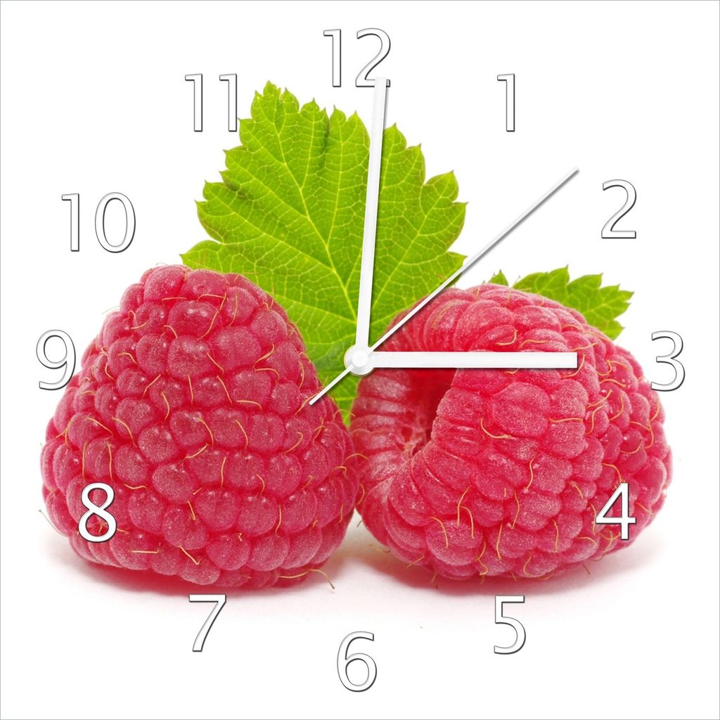 Wallario Design Wanduhr Himbeeren mit grünem Blatt auf weißem Grund aus Echtglas, Größe 30 x 30 cm