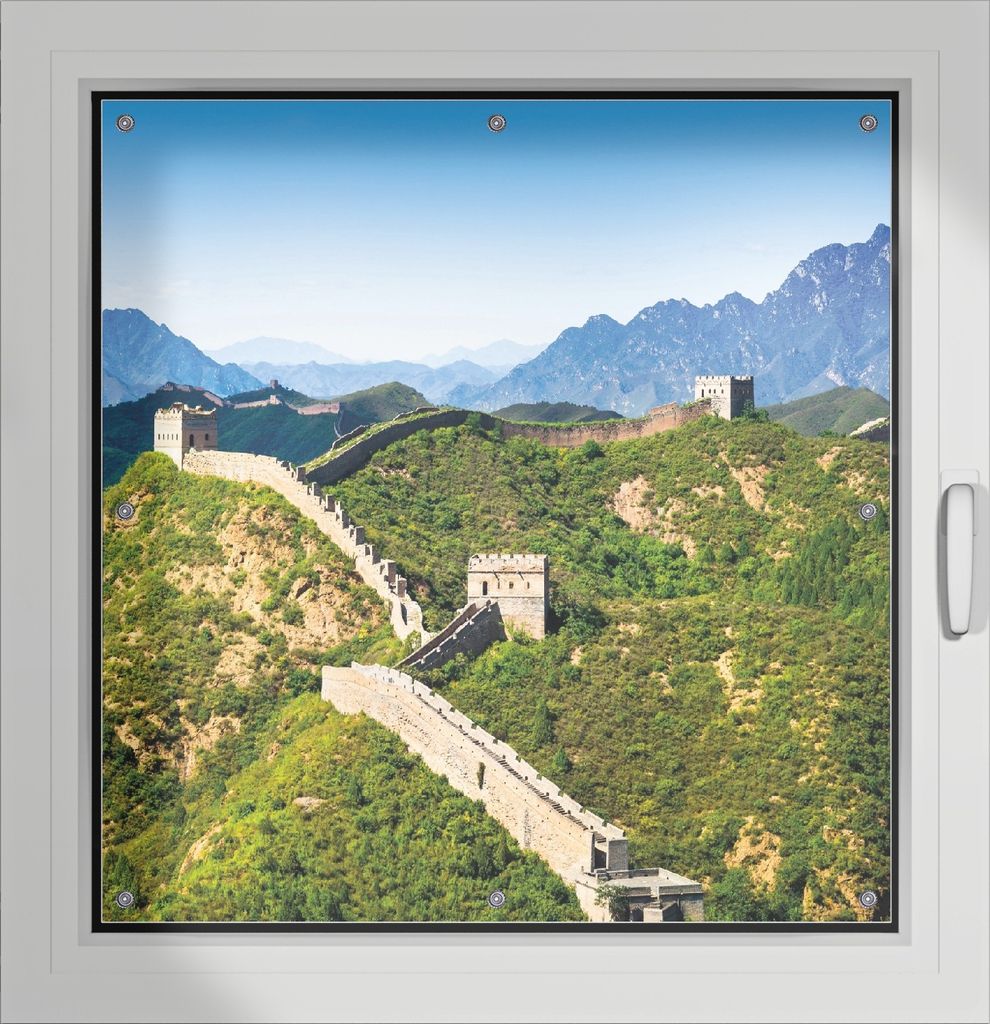 Wallario Lichtschutzbild, Dekorativer Sichtschutz Sonnenschutz 96 x 93 cm mit Motiv: Die Chinesische Mauer - Wahrzeichen in China im Sommer - Verdu...