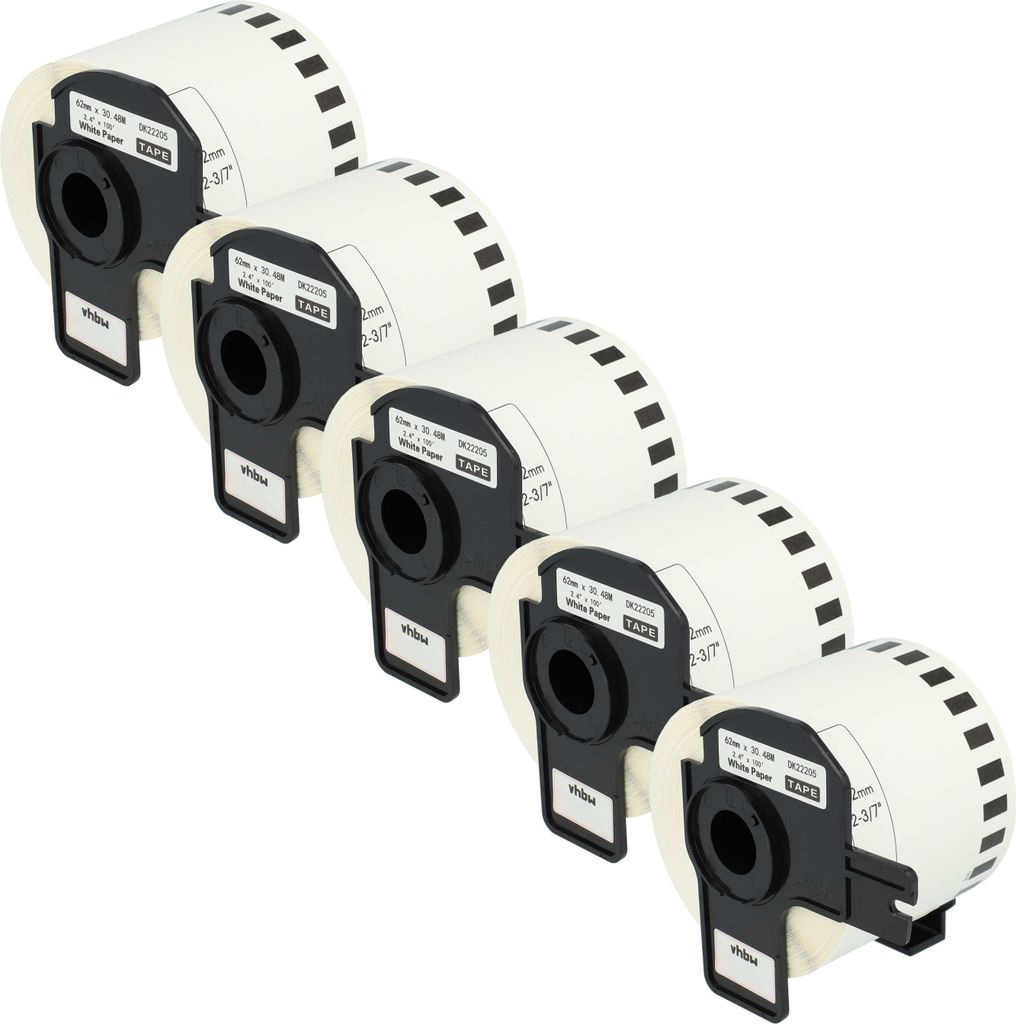 vhbw 5x Rolle mit Halter 62mm x 30,48m (1 Etikette) kompatibel mit Brother PT QL-580, QL-580N, QL-650, QL650TD, QL-700, QL-710 Drucker Schwarz Weiß