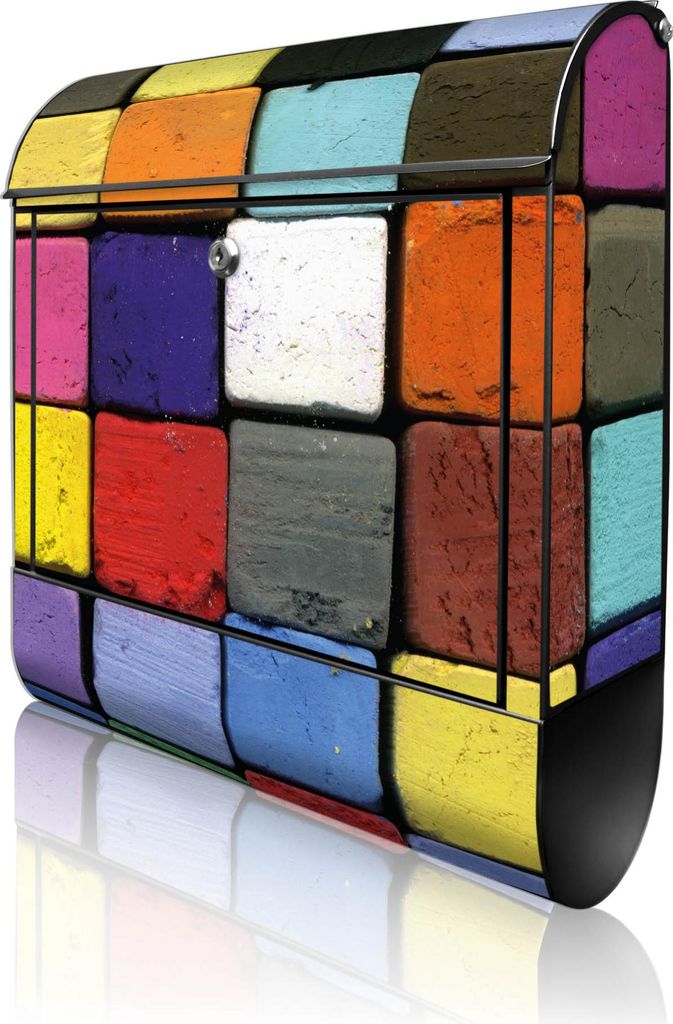 banjado Design Briefkasten Stahl schwarz mit Zeitungsfach pulverbeschichtet "Bunte Kreide" 38x46x12,5cm & 2 Schlüssel - Postkasten A4 Einwurf inkl...