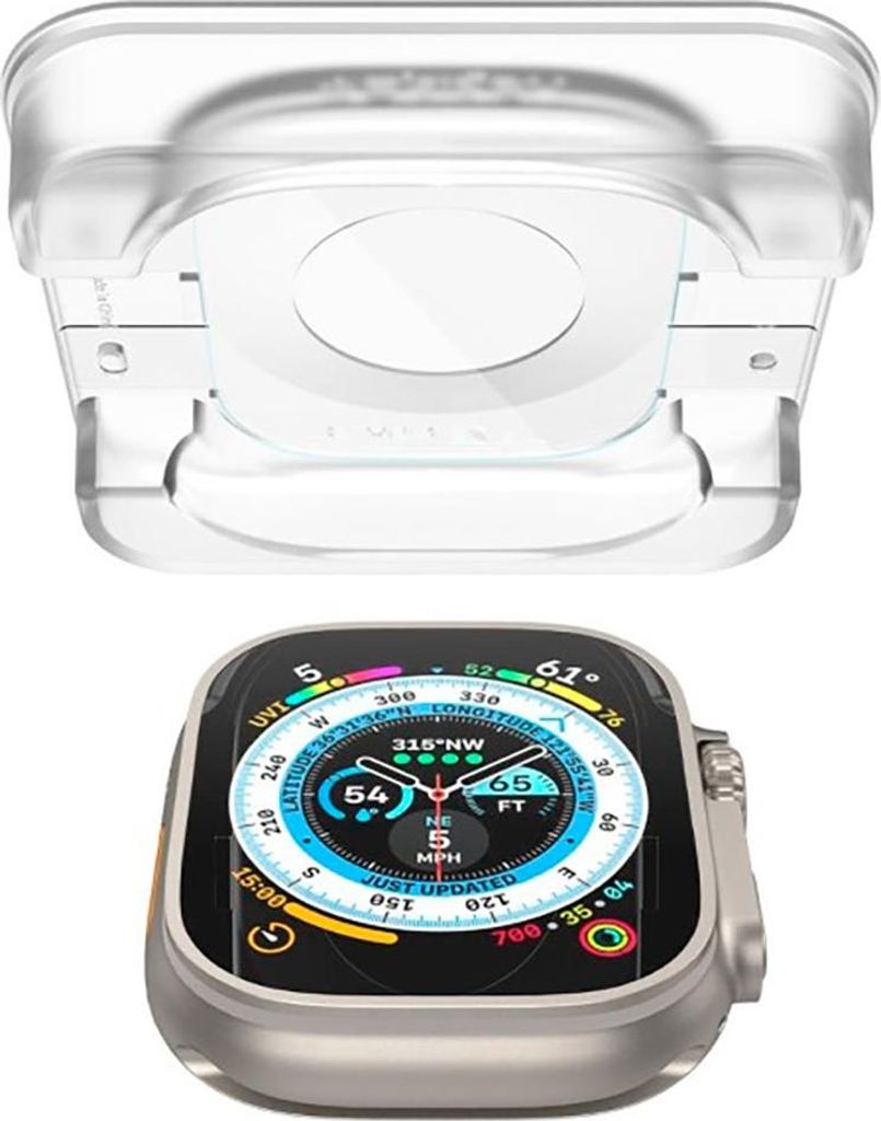 A clear plastic Apple Watch charger stand is shown above an Apple Watch.