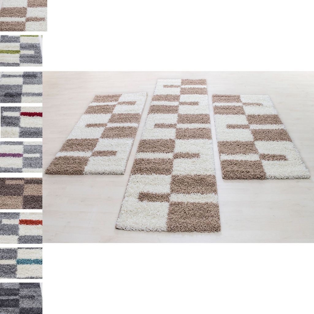 Bettumrandung Hochflor Shaggy Teppich Läuferset 3 teilig Kariert Versch. Farben, Farbe:Hellgrau, Bettset:2 mal 100x200 + 1 mal 80x250