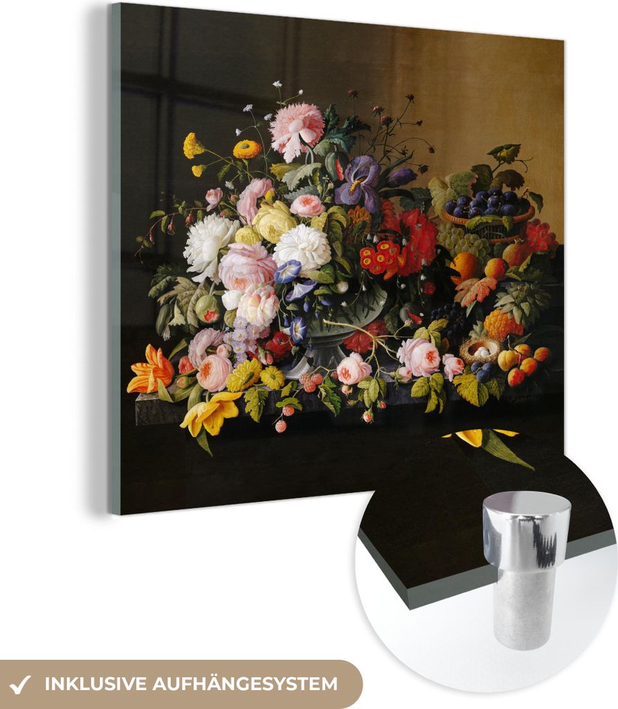 MuchoWow Glasbilder - Bilder auf Wandbild - Foto auf Glas Stilleben mit Blumen und Früchten - Kunstwerk - Alte Meister 90x90 cm Wanddekoration aus...