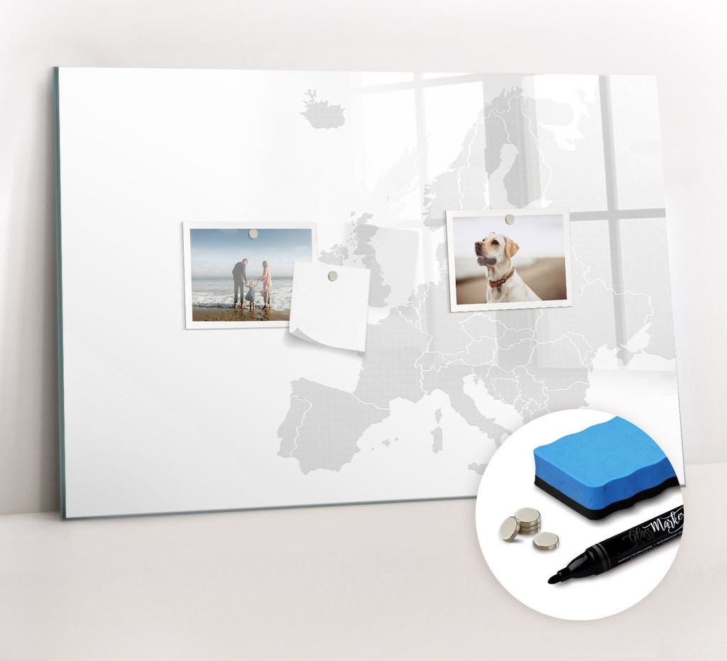 Magnetpinnwand Memoboard - Zubehörsatz - Schwarzer Marker + Schwamm + Magnete - 60 x 40 cm - Europakarte