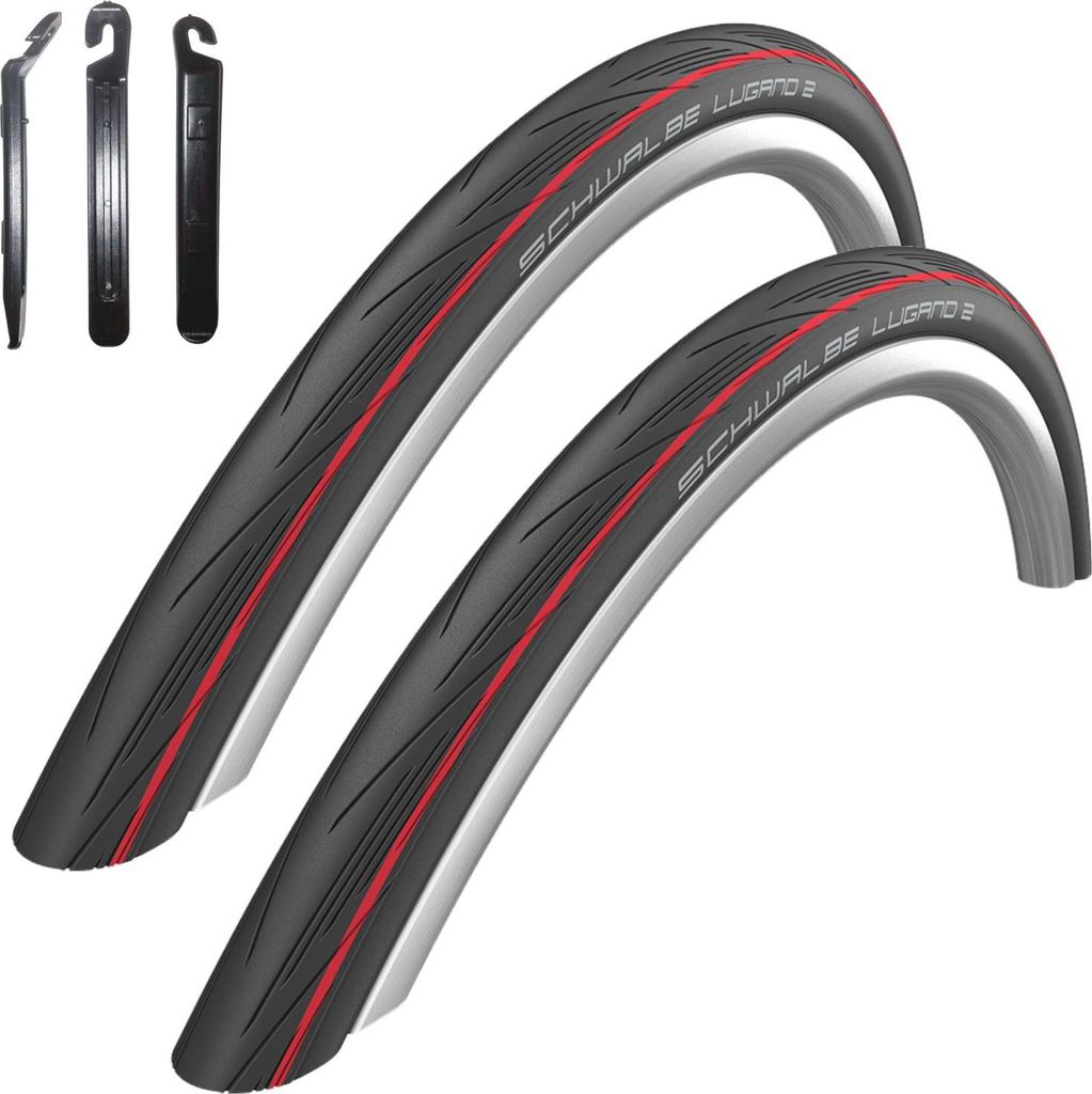 2 x Schwalbe Lugano 2 28" Rennradreifen Schwarz roter Streifen 700 x 25C (25-622) inkl. 3 Reifenheber
