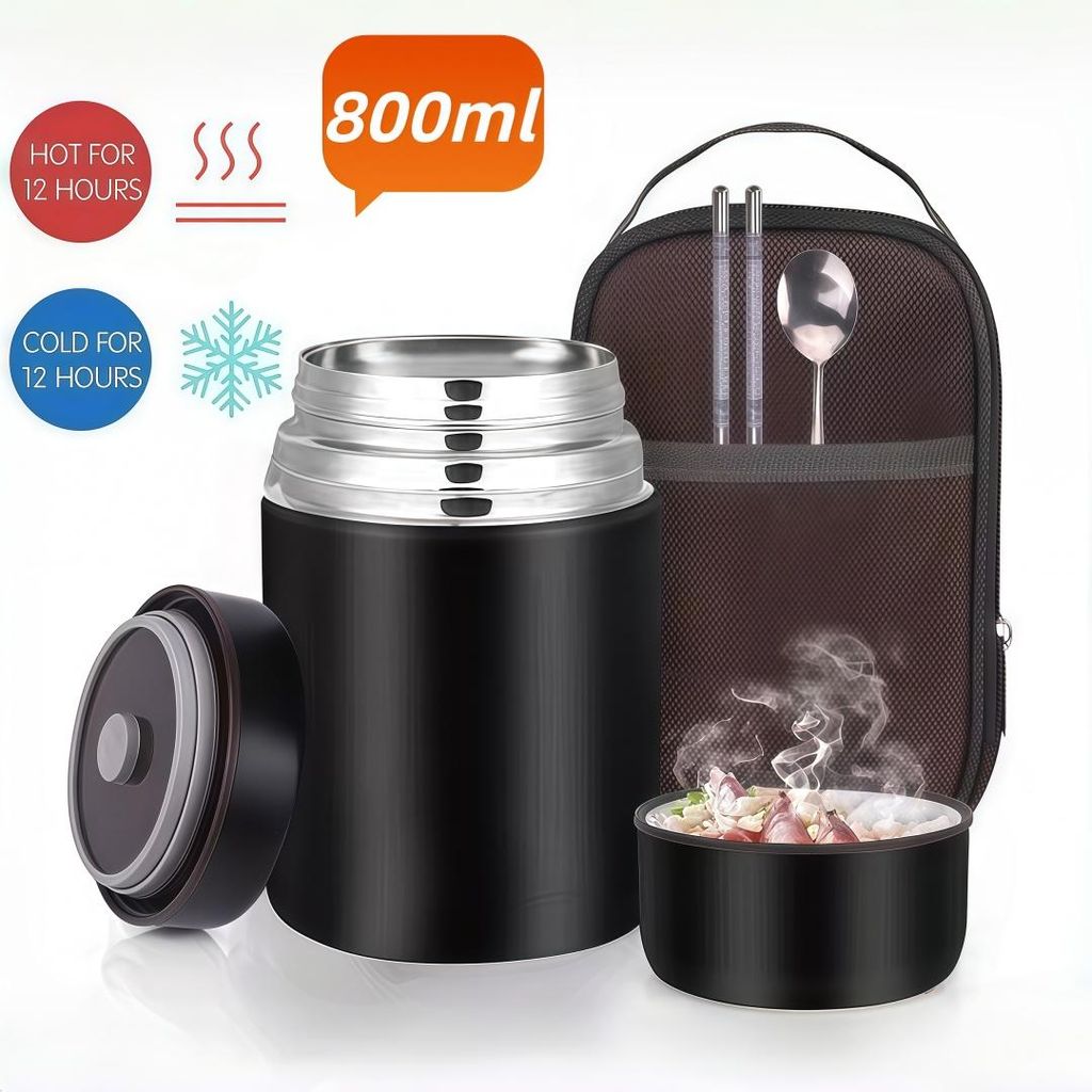 Thermobehälter 800 ml für Essen,vakuumisoliertes Lebensmittelgefäß aus 316 Edelstahl,mit Besteck,Tragetasche, bruchsicher,Auslaufsicher, weiter...