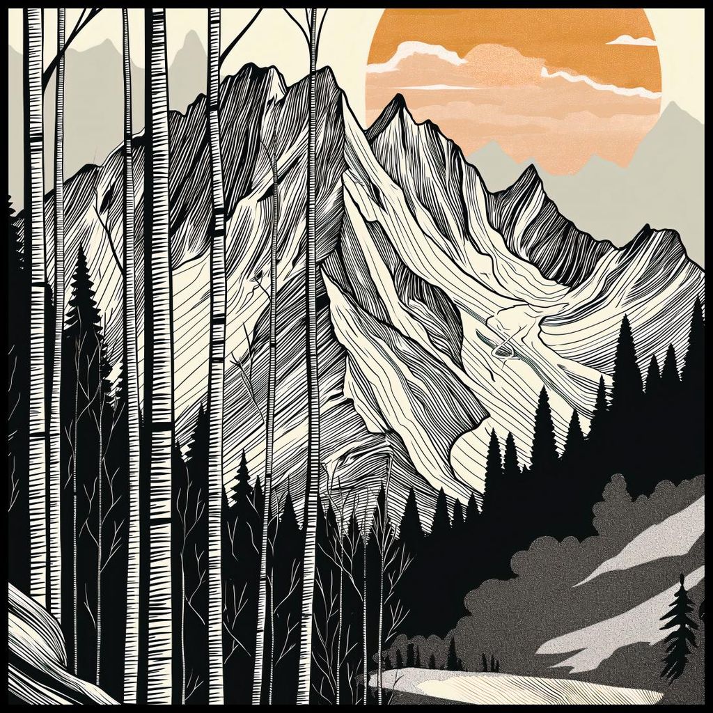 Poster 80x80cm Holzschnitt Berg