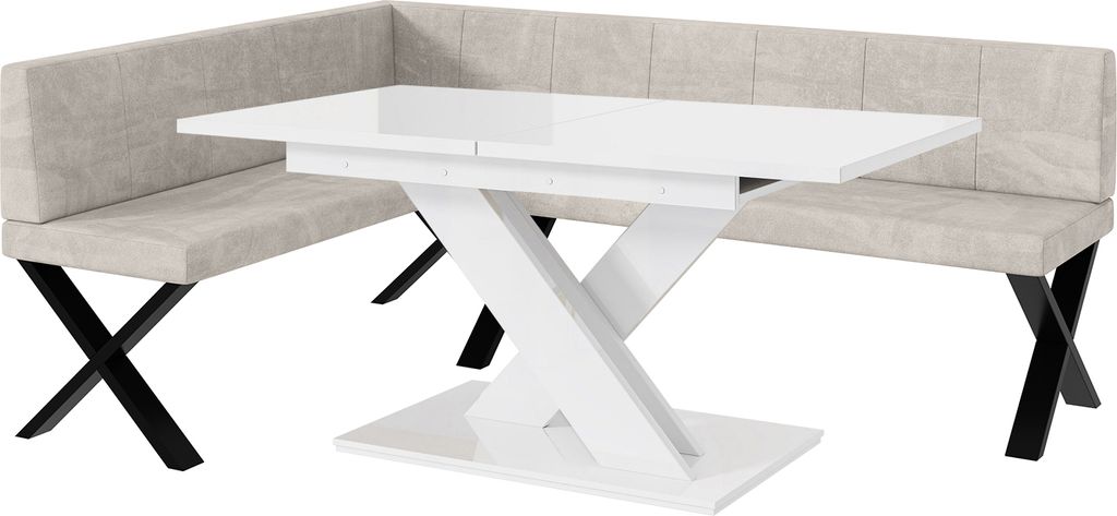 MEBLINI Eckbank für Esszimmer mit ausziehbarem Tisch - Küchenbank - Essecke - Sitzecke Küche - PETER - X-Beine 142x196x87cm Links - Beige Samt/B...