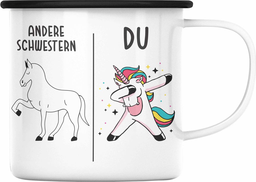 Trendation - Schwester Geschenk Geburtstag Emaille Tasse Geschenkideen Emaille Tassen mit Spruch für Schwester (Schwarz)