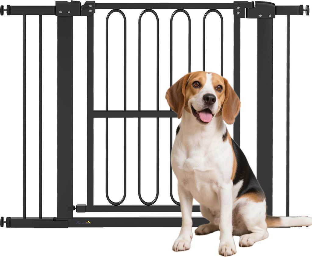 PawHut Treppenschutzgitter Türschutzgitter Absperrgitter ohne Bohren 76-104 cm Schutzgitter aus Stahl für Hunde, Haustiere Treppen, Tür, Schwarz