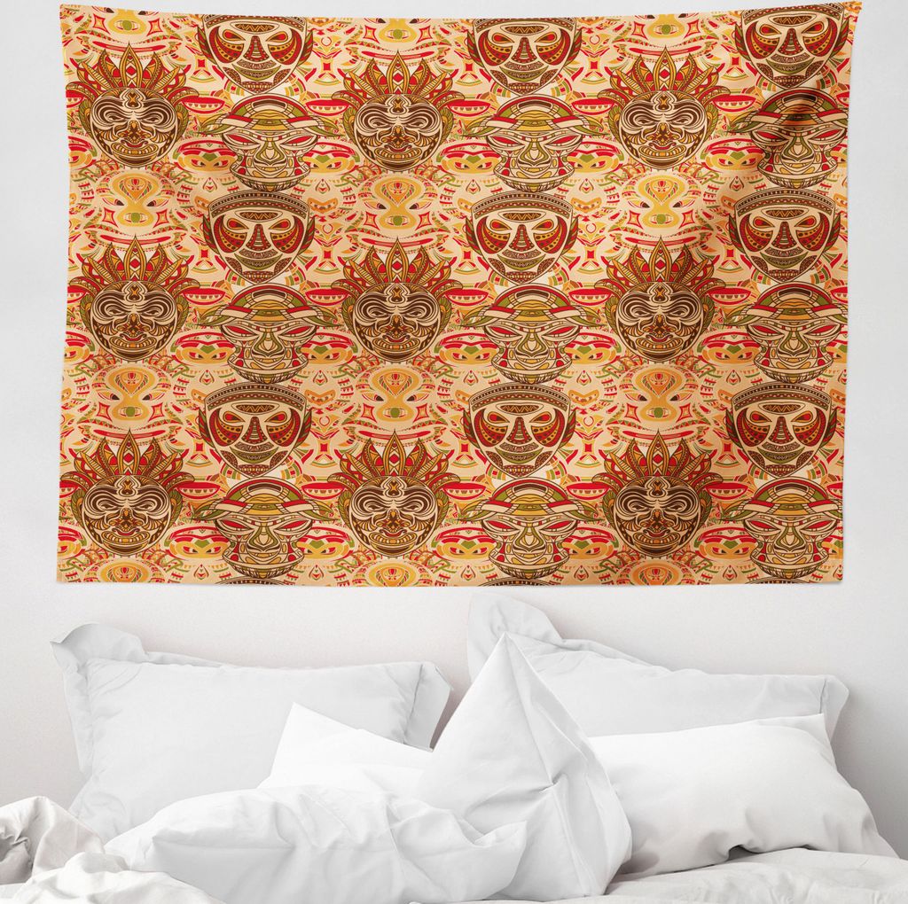 ABAKUHAUS Stammes Wandteppich, Maske Motiv aus Weiches Mikrofaser Stoff Waschbar ohne Verblassen Digitaldruck, 150 x 110 cm, Sand Braun Orange