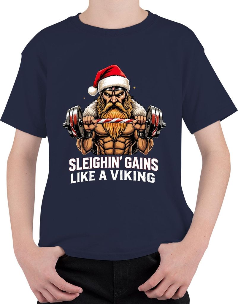 Sleighin' Gains Like A Viking Wikinger Weihnachtsmann Gym Fitness Uni Kinder T-Shirt, Navy, 152