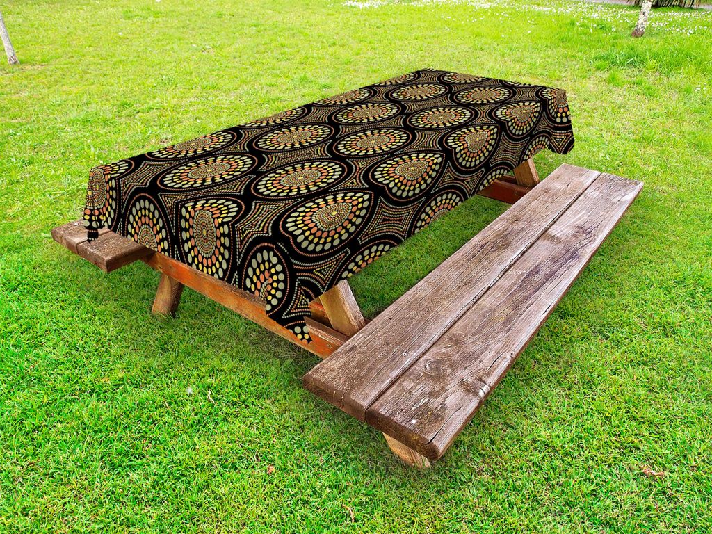 ABAKUHAUS Australien Tischdecke Outdoor, Traditionelle Aboriginal Muster mit Erde tonte gepunkteten Kreise, Koksgraue und Mehrfarbig, 145x265cm