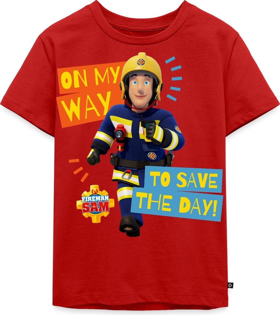Spreadshirt Feuerwehrmann Sam On My Way To Save The Day Kinder Premium T-Shirt, 98/104 (2 Jahre), Rot