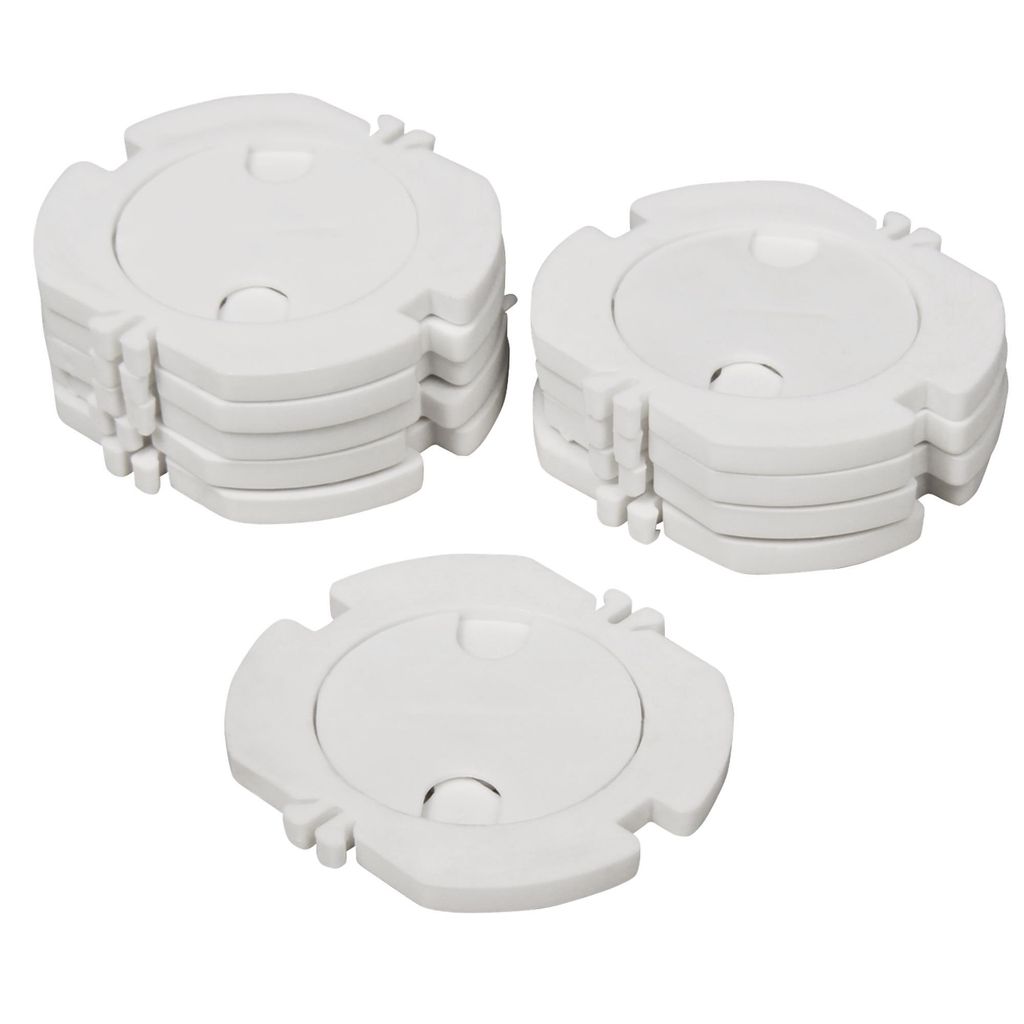 Three stacks of white plastic socket covers are arranged on a white background.