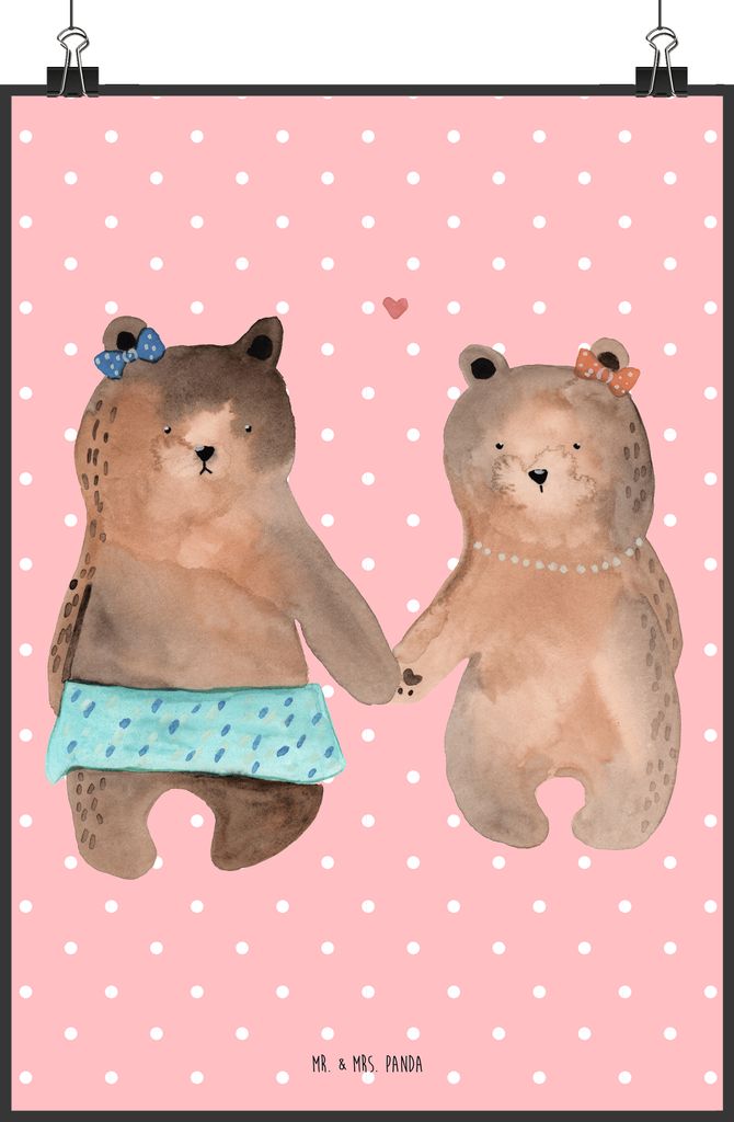 Mr. & Mrs. Panda Bild Bär Freundin DIN A2 - Rot Pastell - Geschenk, wanddeko, Teddy, Beste Freund Liebe Liebesbeweis Verliebt Kumpel Kumpeliene, K...